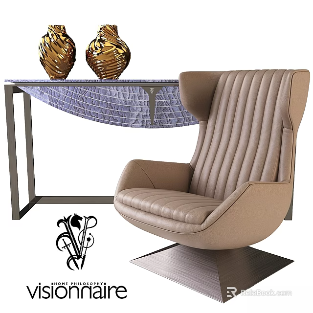 Elegant Beige Leather Accent Chair with Striped Backrest and Golden Vases on Woven Side Table 3d model 