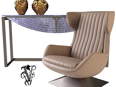 Elegant Beige Leather Accent Chair with Striped Backrest and Golden Vases on Woven Side Table 3d model