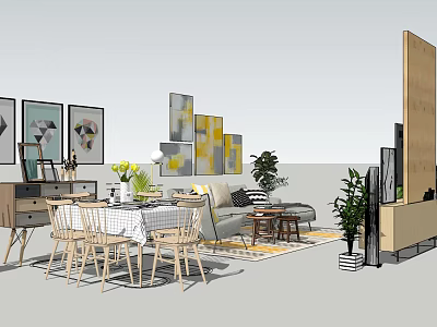 Modern Living Room Sofa Coffee Table Set With Artwork Plants And Dining Area 3d model