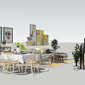 Modern Living Room Sofa Coffee Table Set With Artwork Plants And Dining Area