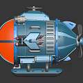 Blue Sci Fi Spaceship Model With Mechanical Propeller And Cosmic Elements