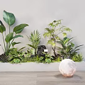 Green Plants in Rectangular Planter with Light Wall Wooden Floor Decorative Lantern and White Sphere 3d model