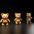 Three Yellow Teddy Bear Dolls With Red Bows Standing On 3d model