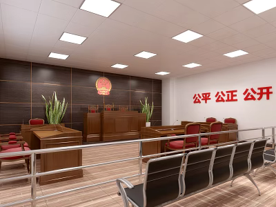 Courtroom Interior With Wooden Judge Bench Red Chairs And Square Ceiling Lights 3d model