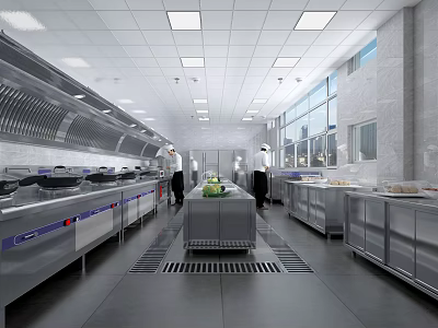Commercial Restaurant Kitchen With Stainless Steel Equipment Chefs Workstations Ventilation System And Tiled Walls 3d model