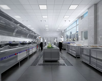 Commercial Restaurant Kitchen With Stainless Steel Equipment Chefs Workstations Ventilation System And Tiled Walls 3d model