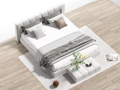 Modern Minimalist Double Bed With White Frame Gray Brown Pillows White Bench Green Plant And Wooden Floor 3d model