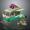 Cute Turquoise Cream Ice Cream Truck With Pink Ice Cream Cone And Umbrella Table