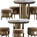 Modern Round Marble Top Table with Metal Frame and Brown Padded Stools 3d model