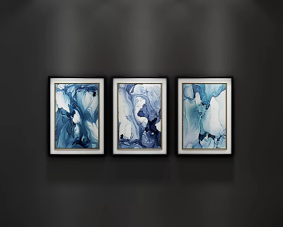 Three Abstract Paintings With Blue Swirls Framed Art For Home Wall Decor 3d model