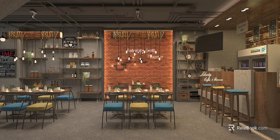 Cozy Modern Cafe Interior With Red Brick Wall and Hanging Lights Tables Chairs and Shelves 3d model 