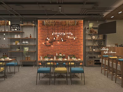 Cozy Modern Cafe Interior With Red Brick Wall and Hanging Lights Tables Chairs and Shelves 3d model