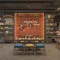Cozy Modern Cafe Interior With Red Brick Wall and Hanging Lights Tables Chairs and Shelves