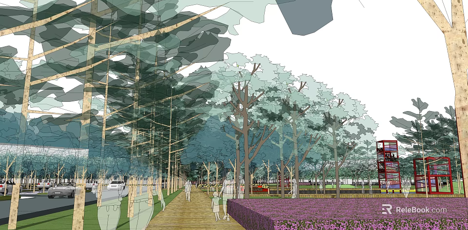 Scenic Park Pathway With Lush Trees Purple Flower Beds And People Walking Near Red Structures 3d model 