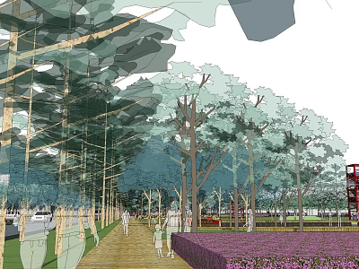 Scenic Park Pathway With Lush Trees Purple Flower Beds And People Walking Near Red Structures 3d model
