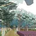 Scenic Park Pathway With Lush Trees Purple Flower Beds And People Walking Near Red Structures