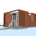 Modern Red Brick Post Station With Geometric Patterns Large Windows And Water Pool 3d model