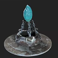 Ornate Metallic Base Structure With Central Blue Gemstone And Chains