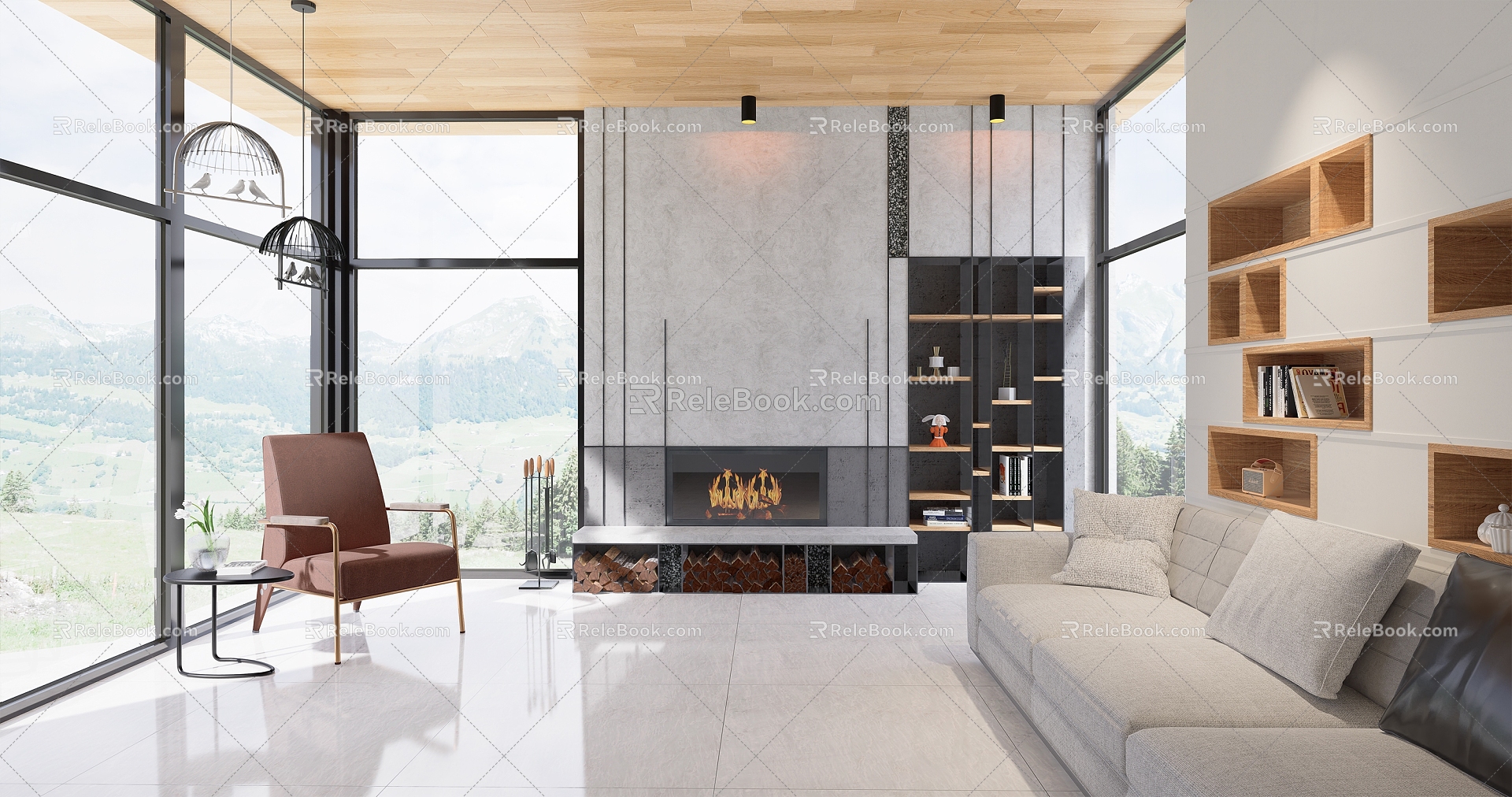 Simple fireplace villa living room SU model 3d model