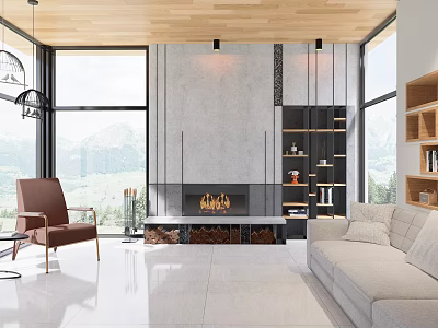Modern Living Room Interior With Fireplace Mountain View Wooden Ceiling Sofa Chair And Bookshelves 3d model