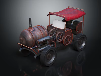 Vintage Steam Powered Car With Rustic Metal Body And Red Canopy 3d model
