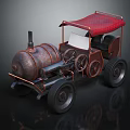 Vintage Steam Powered Car With Rustic Metal Body And Red Canopy