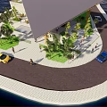 Modern Detached Villa With Unique Roof Palm Trees Green Lawn Front Road And Blue Car