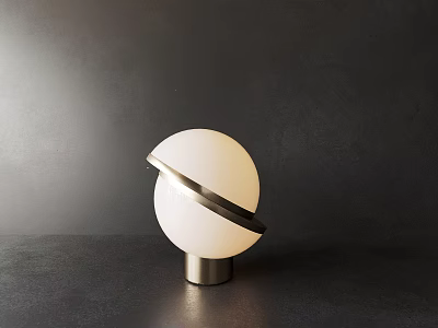 Modern Spherical Table Lamp With Metal Ring And Base Glowing On Dark Surface 3d model