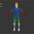 Man in Blue Soccer Jersey and Blue Shorts Standing on Gray Background with Yellow Shoes
