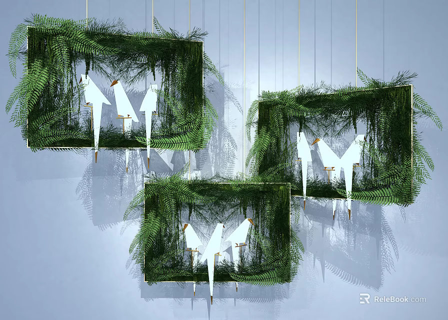 Nature Inspired Hanging Chandelier with Greenery Filled Frames and White Bird Decorations 3d model 