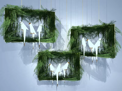 Nature Inspired Hanging Chandelier with Greenery Filled Frames and White Bird Decorations 3d model