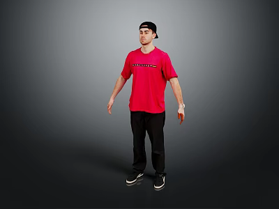 Man in Red T-shirt and Black Cap Standing with Black Pants and Shoes 3d model