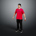 Man in Red T-shirt and Black Cap Standing with Black Pants and Shoes