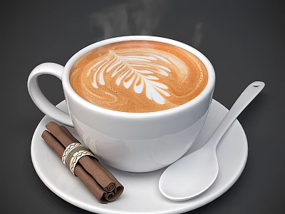 Creamy Latte Coffee With Leaf Latte Art Cinnamon Sticks And Spoon On Saucer 3d model