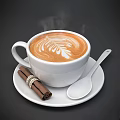 Creamy Latte Coffee With Leaf Latte Art Cinnamon Sticks And Spoon On Saucer