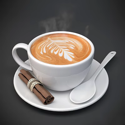 Creamy Latte Coffee With Leaf Latte Art Cinnamon Sticks And Spoon On Saucer 3d model
