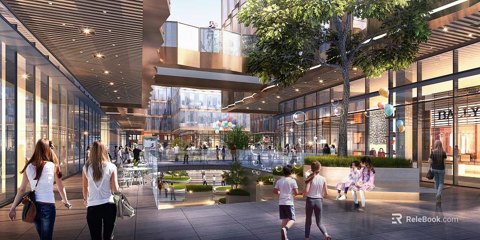 Modern Commercial Street With Open Air Design Pedestrians Greenery And Lighting 3d model 