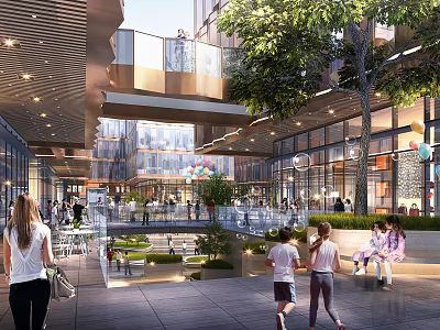 Modern Commercial Street With Open Air Design Pedestrians Greenery And Lighting 3d model