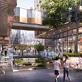 Modern Commercial Street With Open Air Design Pedestrians Greenery And Lighting