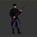 Man in Military Uniform Holding Rifle with Hat Long Coat Blue Pants and Brown Boots