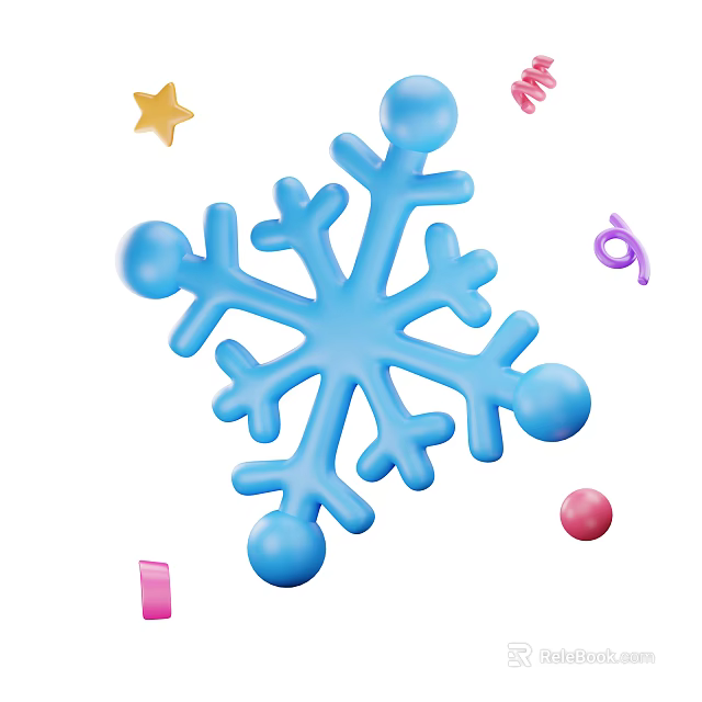 Decorative Ornament Set with Blue Snowflake Gold Star Pink Ribbon Purple Music Note Red Ball 3d model 