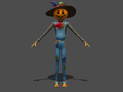 Pumpkin Head Game and Movie Character With Wide Brimmed Hat Feather Patched Overalls 3d model