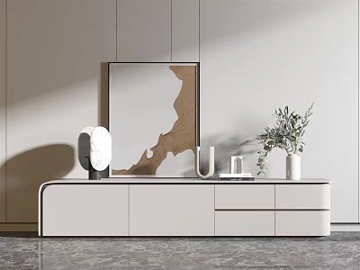 Modern White TV Stand with Decorative Vase Plant and Sculpture on Minimalist Wall 3d model
