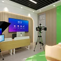 School Media Room With Green Walls Camera Tripod Sofas Laptop And Green Plants Outside Window