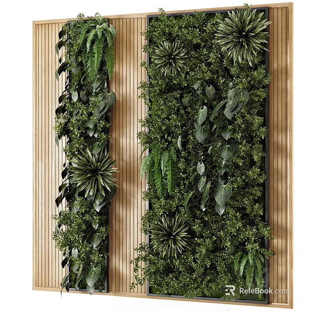 Vertical Living Green Plant Wall With Diverse Foliage And Natural Wooden Accents 3d model 