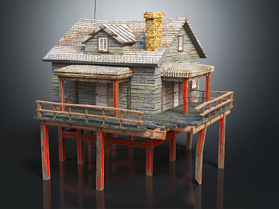 Rustic Wooden House on Stilts with Porch Sloped Roof and Chimney 3d model