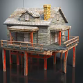 Rustic Wooden House on Stilts with Porch Sloped Roof and Chimney
