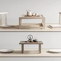 Simple Wooden Tea Table With Chairs And Tea Set On Floor Mat 3d model