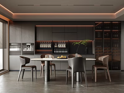 Modern Restaurant Interior Design With Round Dining Table Chairs Wine Cabinet And Green Plant 3d model