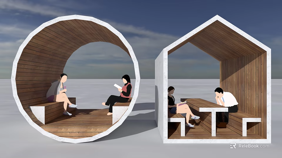 Unique Wooden Circular And Triangular Outdoor Structures With People Sitting Reading Relaxing 3d model